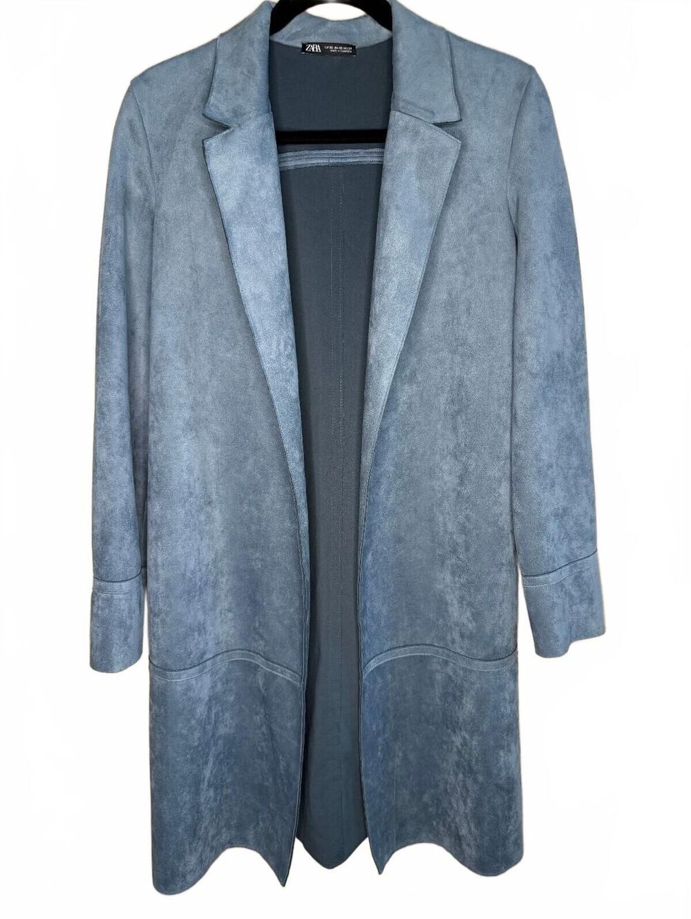 ZARA Blue Faux Suede Long Coat Women's XS Open Front Duster Trench Jacket